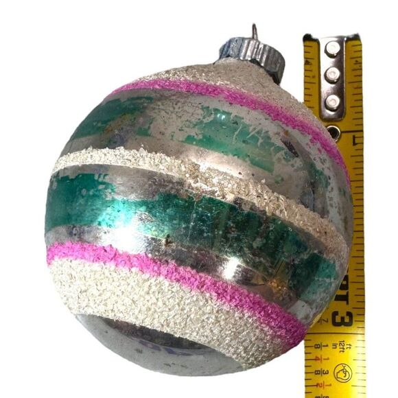 Vintage Shiny Brite Glass Mica Stencil Christmas Ornament Pink Green Stripes SEE - Picture 4 of 4